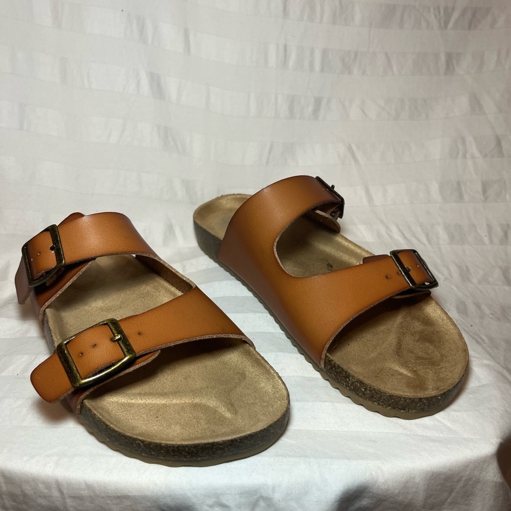 Cat‎ & Jack Kids Tan Faux Leather Double Strap Buckle Slide Sandals Size 5
